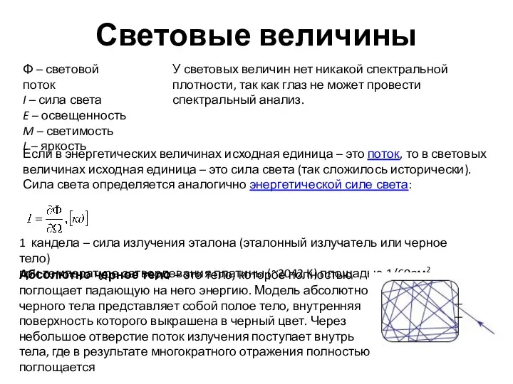 Световые величины Φ – световой поток I – сила света E