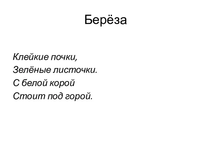 Берёза Клейкие почки, Зелёные листочки. С белой корой Стоит под горой.