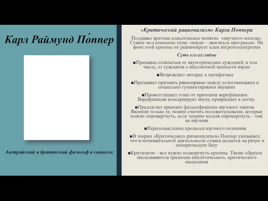 Карл Раймунд По́ппер «Критический рационализм» Карла Поппера Поддавал критике классическое понятие