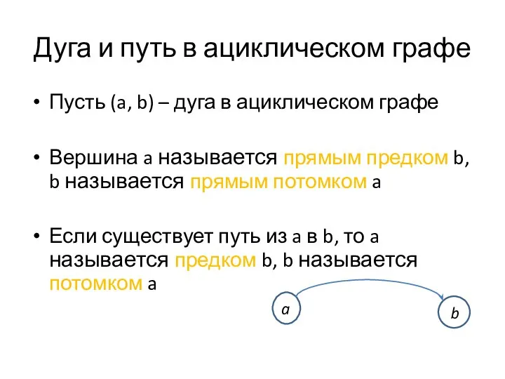 Дуга и путь в ациклическом графе Пусть (a, b) – дуга