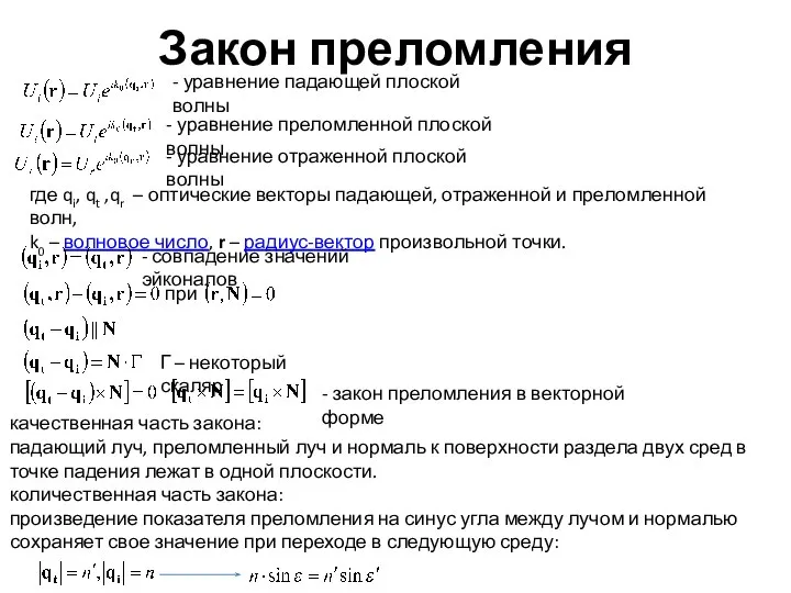 Закон преломления - уравнение падающей плоской волны где qi, qt ,qr