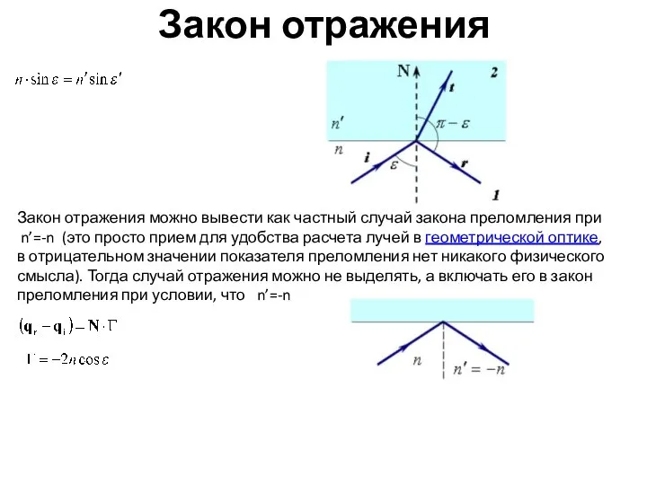 Закон отражения Закон отражения можно вывести как частный случай закона преломления