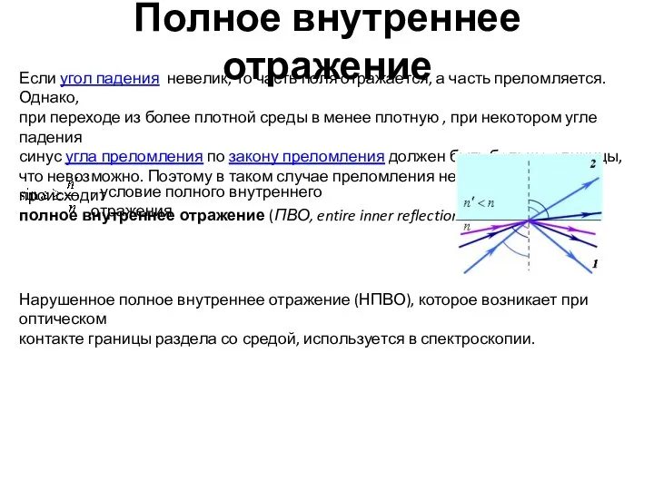 Полное внутреннее отражение Если угол падения невелик, то часть поля отражается,