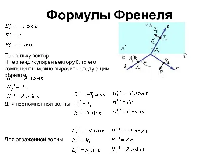 Формулы Френеля Поскольку вектор H перпендикулярен вектору E, то его компоненты