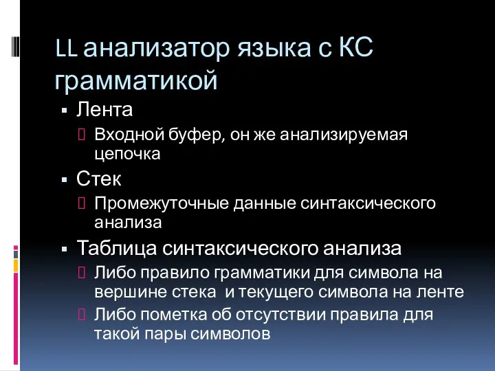 LL анализатор языка с КС грамматикой Лента Входной буфер, он же