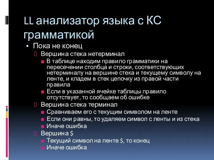 LL анализатор языка с КС грамматикой Пока не конец Вершина стека