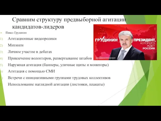 Сравним структуру предвыборной агитации кандидатов-лидеров Павел Грудинин Агитационные видеоролики Митинги Личное