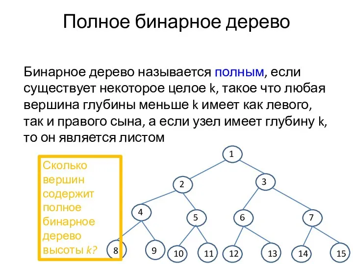 Полное бинарное дерево Бинарное дерево называется полным, если существует некоторое целое