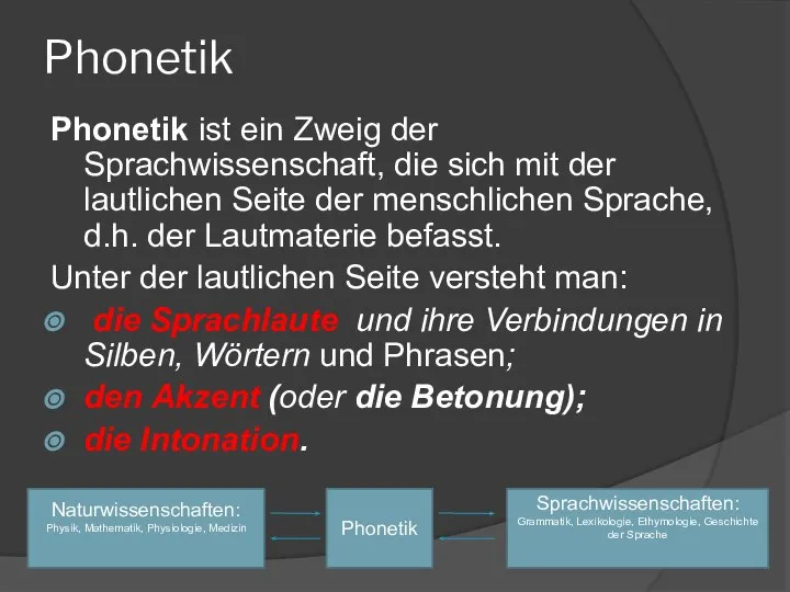 Phonetik Phonetik ist ein Zweig der Sprachwissenschaft, die sich mit der