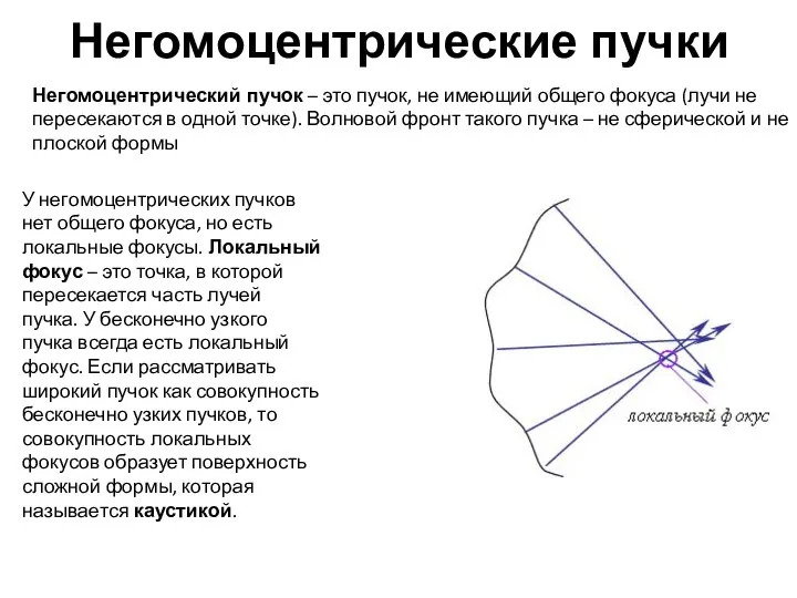 Негомоцентрические пучки У негомоцентрических пучков нет общего фокуса, но есть локальные