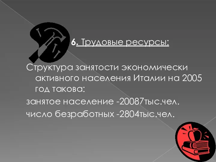 6. Трудовые ресурсы: Структура занятости экономически активного населения Италии на 2005