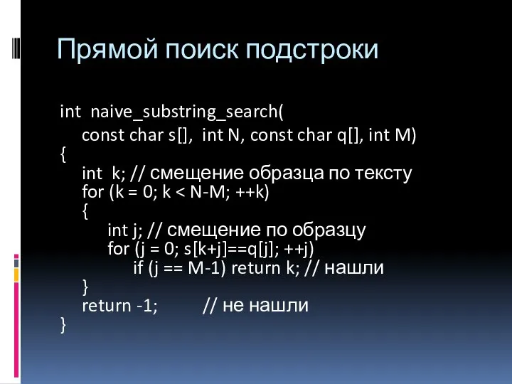 Прямой поиск подстроки int naive_substring_search( const char s[], int N, const