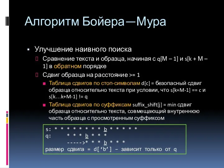 Алгоритм Бойера—Мура Улучшение наивного поиска Сравнение текста и образца, начиная с