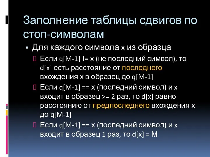 Заполнение таблицы сдвигов по стоп-символам Для каждого символа x из образца