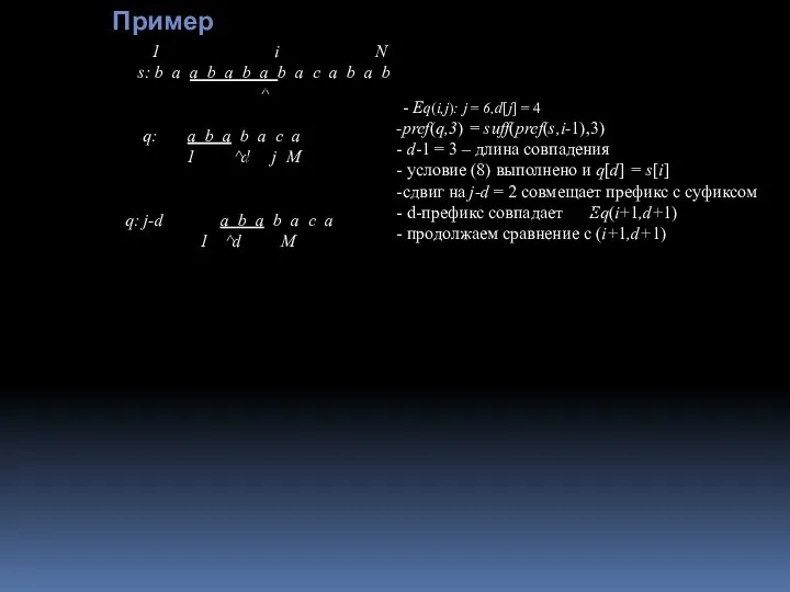 - Eq(i,j): j = 6,d[j] = 4 pref(q,3) = suff(pref(s,i-1),3) d-1