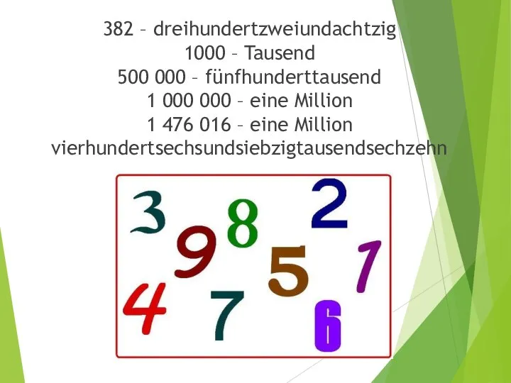 382 – dreihundertzweiundachtzig 1000 – Tausend 500 000 – fünfhunderttausend 1