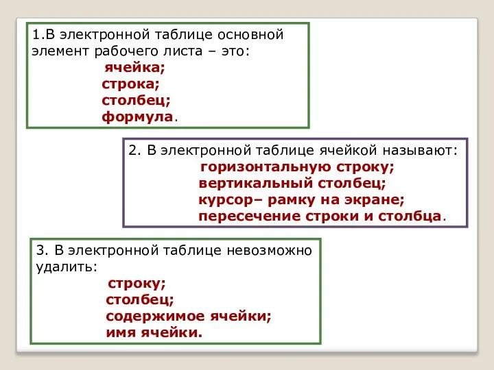 1.В электронной таблице основной элемент рабочего листа – это: ячейка; строка;