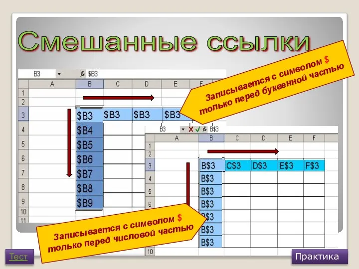 Смешанные ссылки Записывается с символом $ только перед числовой частью Записывается