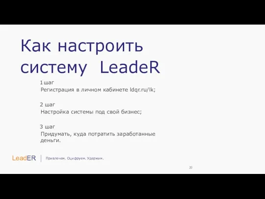 Как настроить систему LeadeR шаг Регистрация в личном кабинете ldqr.ru/lk; шаг