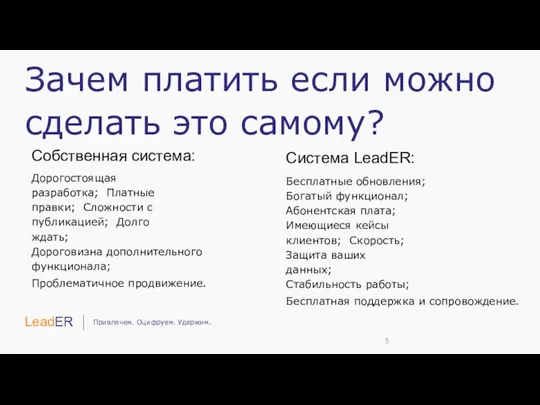 Зачем платить если можно сделать это самому? Собственная система: Дорогостоящая разработка;