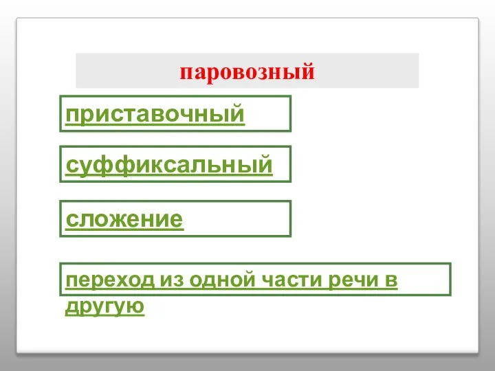 паровозный приставочный суффиксальный сложение переход из одной части речи в другую