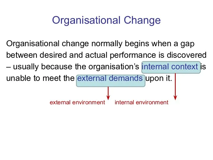 Organisational Change Organisational change normally begins when a gap between desired