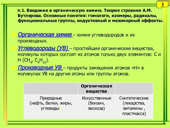 п.1. Введение в органическую химию. Теория строения А.М. Бутлерова. Основные понятия: