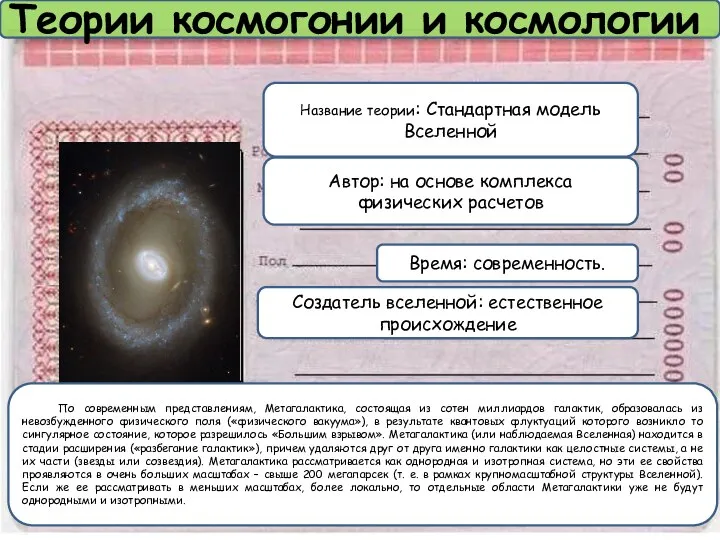 Теории космогонии и космологии Название теории: Стандартная модель Вселенной Автор: на