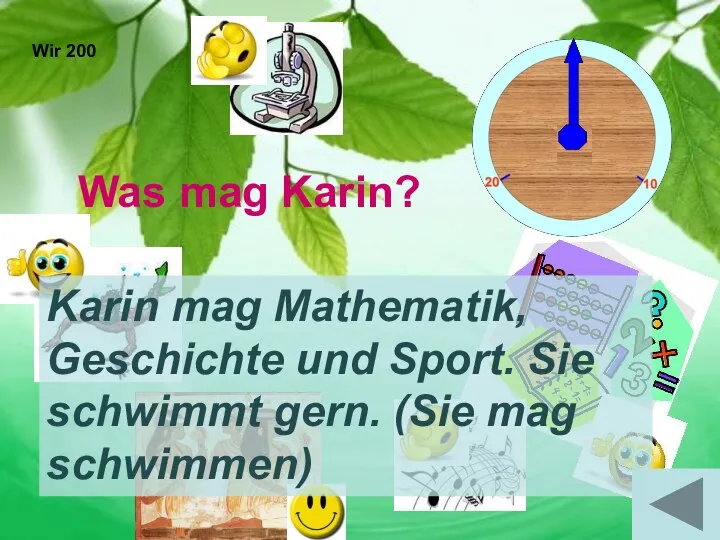 Wir 200 Karin mag Mathematik, Geschichte und Sport. Sie schwimmt gern.