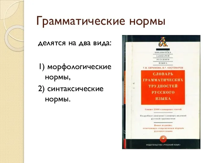 Грамматические нормы делятся на два вида: 1) морфологические нормы, 2) синтаксические нормы.