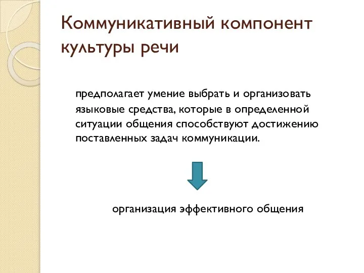 Коммуникативный компонент культуры речи предполагает умение выбрать и организовать языковые средства,