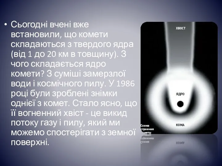 Сьогодні вчені вже встановили, що комети складаються з твердого ядра (від