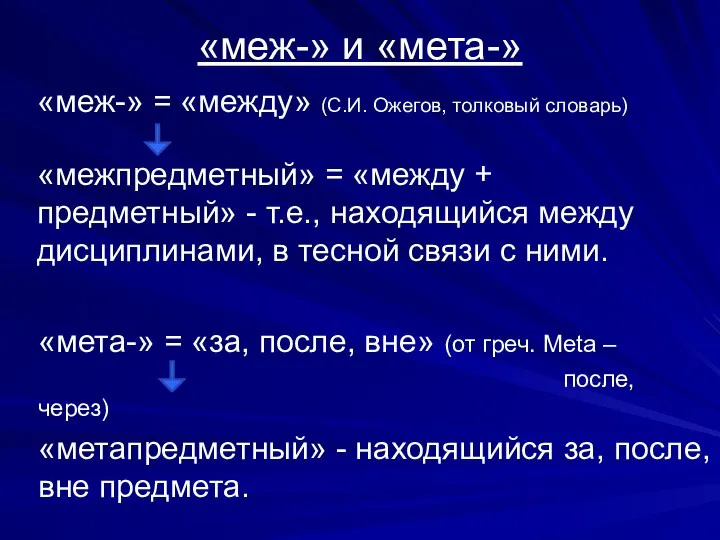 «меж-» и «мета-» «меж-» = «между» (С.И. Ожегов, толковый словарь) «межпредметный»