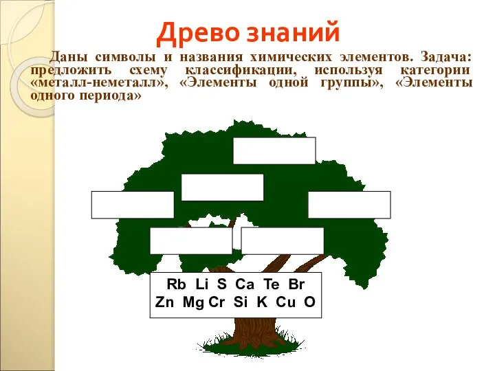 Древо знаний Даны символы и названия химических элементов. Задача: предложить схему