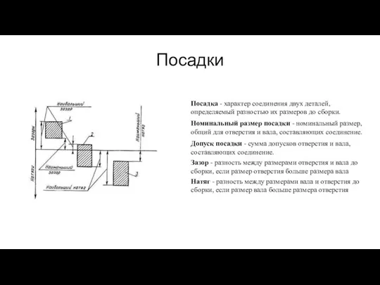 Посадки Посадка - характер соединения двух деталей, определяемый разностью их размеров