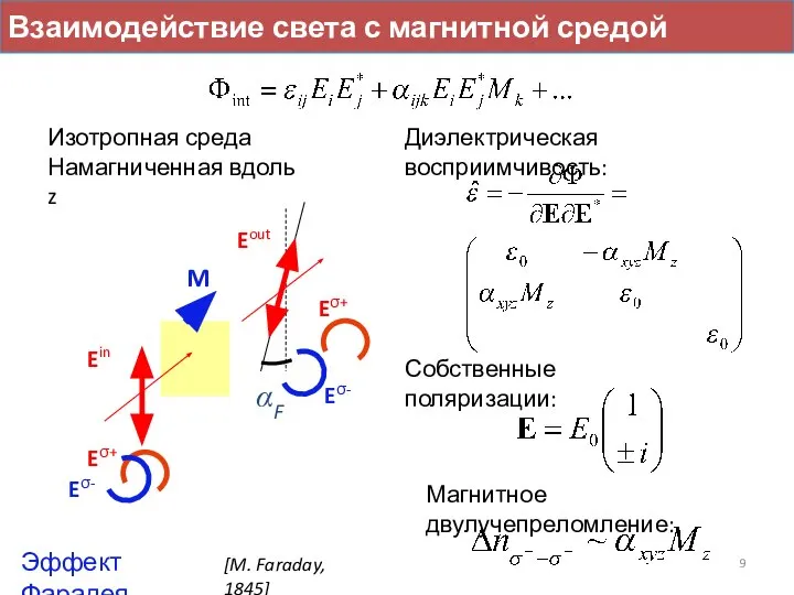 Взаимодействие света с магнитной средой Ein Eout M αF Eσ+ Eσ-