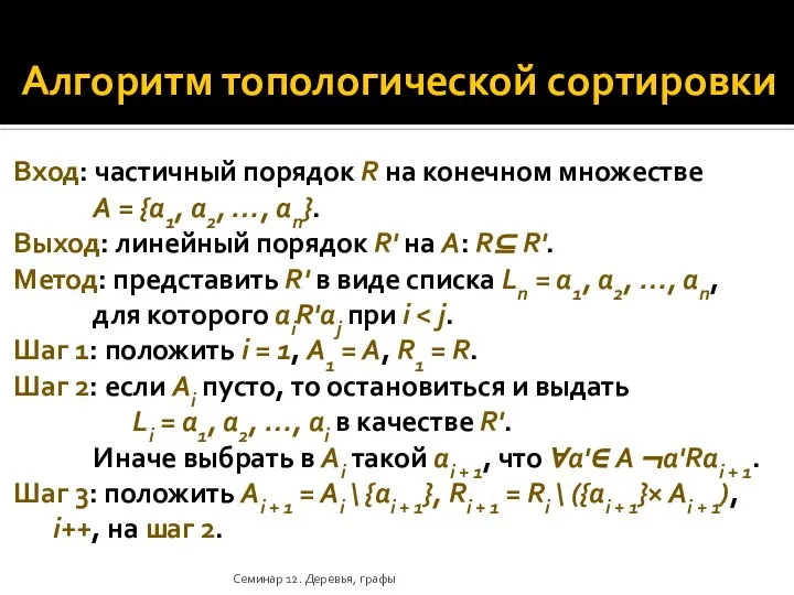 Алгоритм топологической сортировки Вход: частичный порядок R на конечном множестве A