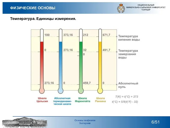 Температура. Единицы измерения. НАЦИОНАЛЬНЫЙ МИНЕРАЛЬНО-СЫРЬЕВОЙ УНИВЕРСИТЕТ “ГОРНЫЙ” /51 Основы геофизики Геотермия ФИЗИЧЕСКИЕ ОСНОВЫ