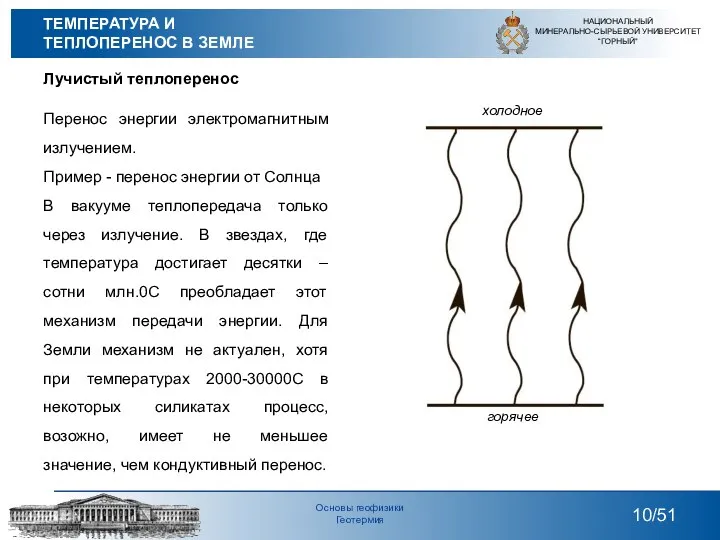 Лучистый теплоперенос НАЦИОНАЛЬНЫЙ МИНЕРАЛЬНО-СЫРЬЕВОЙ УНИВЕРСИТЕТ “ГОРНЫЙ” /51 Основы геофизики Геотермия Перенос