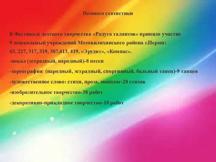 Немного статистики В Фестивале детского творчества «Радуга талантов» приняло участие 9