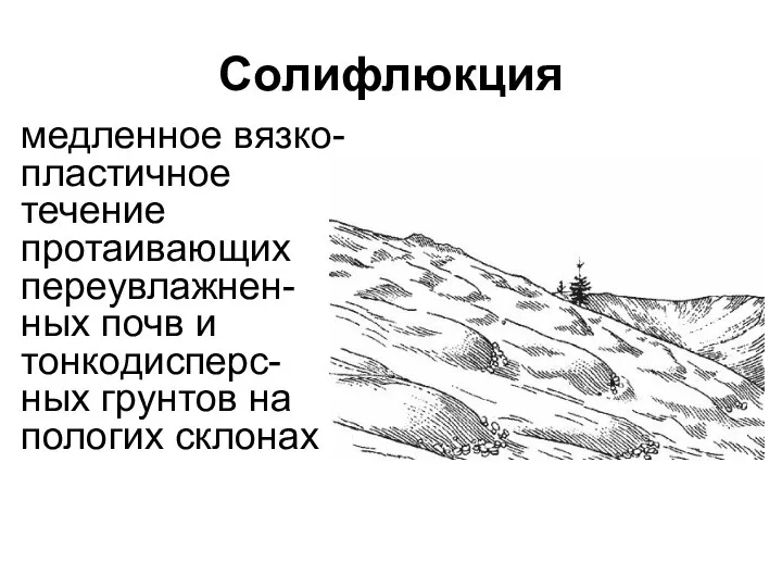 Солифлюкция медленное вязко-пластичное течение протаивающих переувлажнен-ных почв и тонкодисперс-ных грунтов на пологих склонах