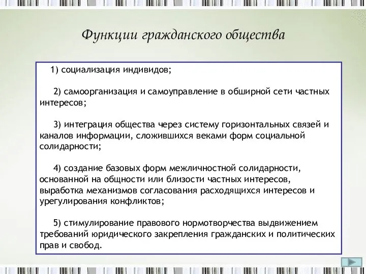 Функции гражданского общества 1) социализация индивидов; 2) самоорганизация и самоуправление в