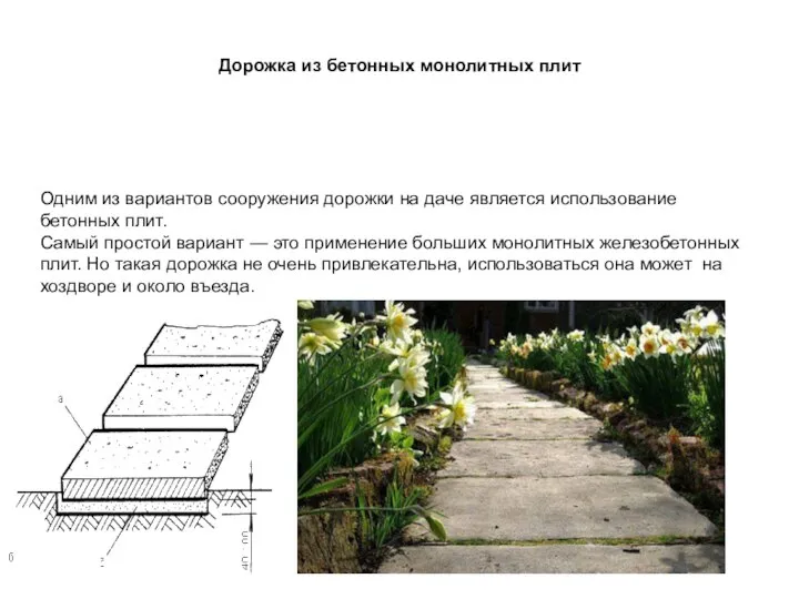 Дорожка из бетонных монолитных плит Одним из вариантов сооружения дорожки на