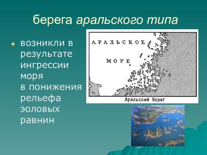 берега аральского типа возникли в результате ингрессии моря в понижения рельефа эоловых равнин