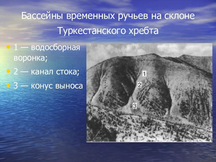 Бассейны временных ручьев на склоне Туркестанского хребта 1 — водосборная воронка;