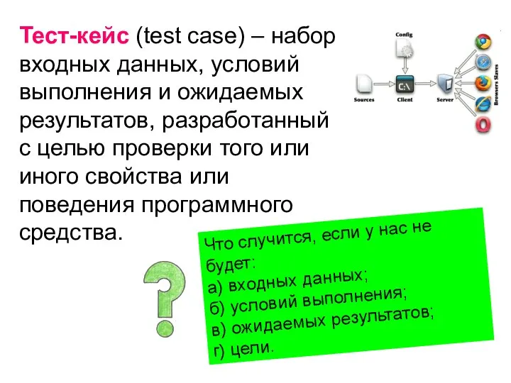 Тест-кейс (test case) – набор входных данных, условий выполнения и ожидаемых