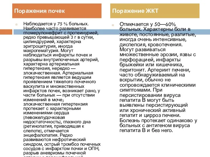 Наблюдается у 75 % больных. Наиболее часто развивается гломерулонефрит с протеинурией,