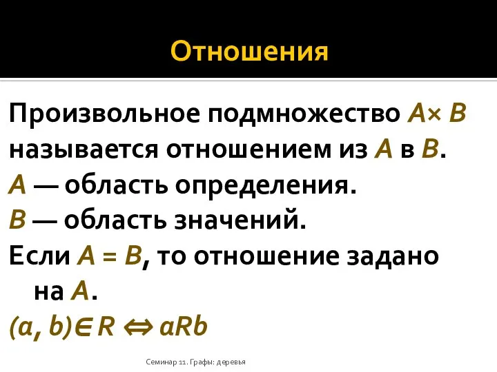 Отношения Произвольное подмножество A× B называется отношением из A в B.