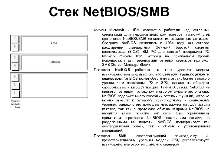 Стек NetBIOS/SMB Фирмы Microsoft и IBM совместно работали над сетевыми средствами