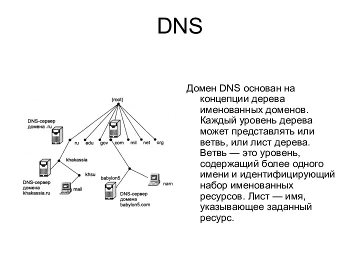 DNS Домен DNS основан на концепции дерева именованных доменов. Каждый уровень